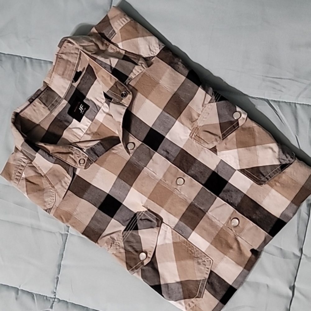 JF J. Farrar Tan/Grey/Black/White Check SS Western Pearl Snap Shirt. Men's XL